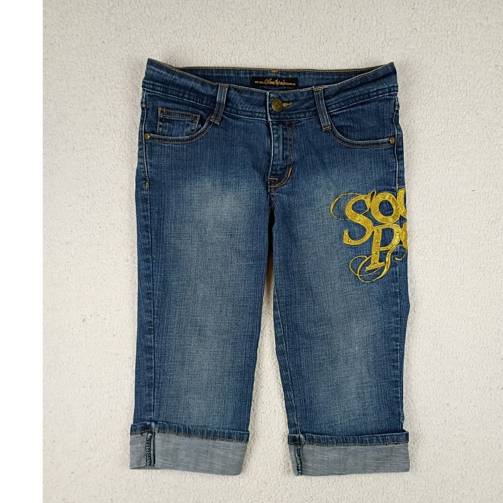 Southpole Y2K Embroidered Capri Jeans Women 7 Blue Denim Streetwear Baggy HipHop